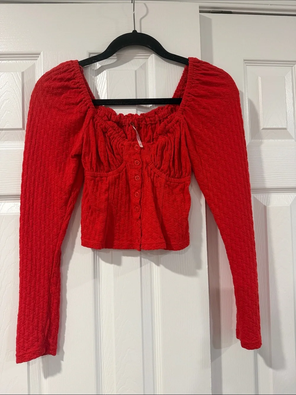 Free People ladybug Red Smocked Button-Front Long Sleeve Top